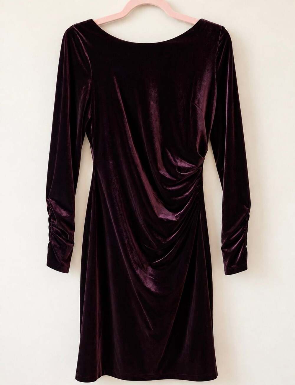 Vince Camuto Velvet Dress Size 8 Purple Ruched Long Sleeve